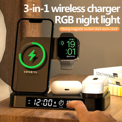 4 In 1 Multifunction Wireless Charger Station With Alarm Clock Display Foldable Wireless Charger Stand With RGB Night Light - Grab Some Stuff