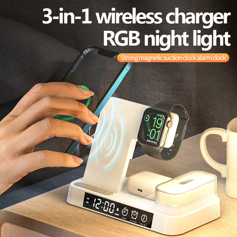 4 In 1 Multifunction Wireless Charger Station With Alarm Clock Display Foldable Wireless Charger Stand With RGB Night Light - Grab Some Stuff