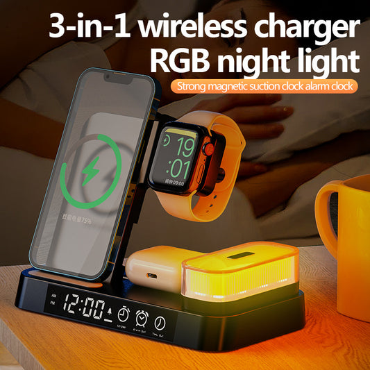 4 In 1 Multifunction Wireless Charger Station With Alarm Clock Display Foldable Wireless Charger Stand With RGB Night Light - Grab Some Stuff