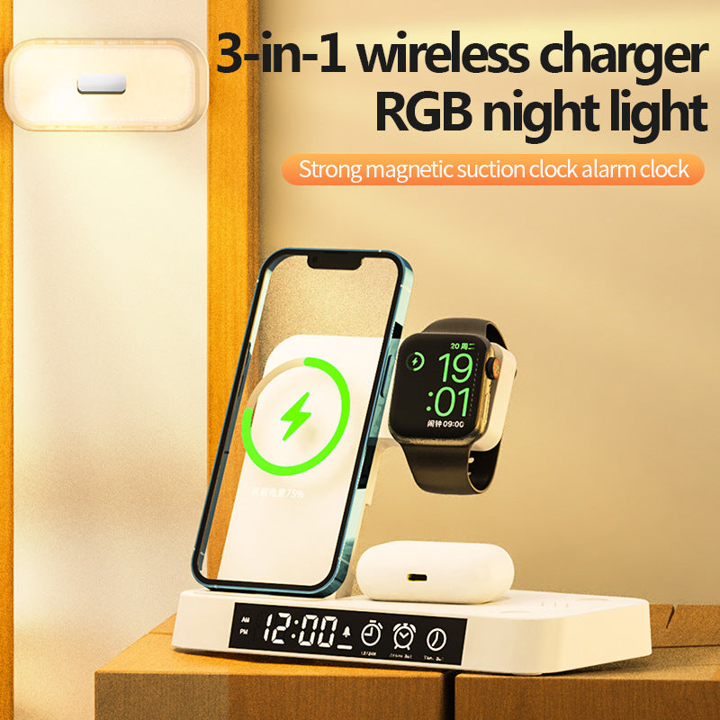 4 In 1 Multifunction Wireless Charger Station With Alarm Clock Display Foldable Wireless Charger Stand With RGB Night Light - Grab Some Stuff