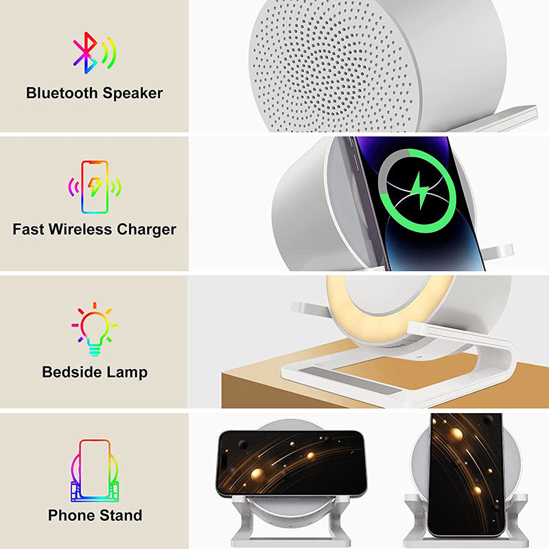 Multifunctional Four-in-one Small Night Lamp RGB Bluetooth Speaker Mobile Phone Holder 15W Wireless Charging - Grab Some Stuff